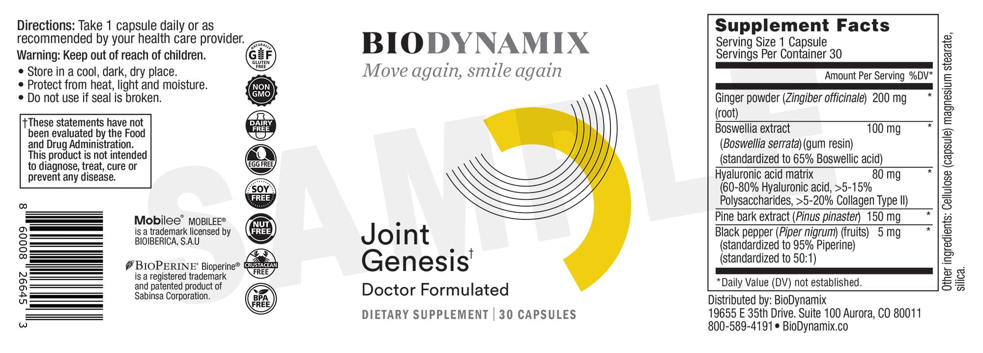 Joint Genesis Official Supplement Facts Nutrition Label